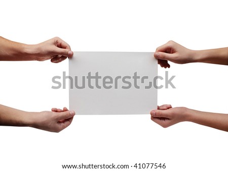 Hands and paper banner, isolated on white background