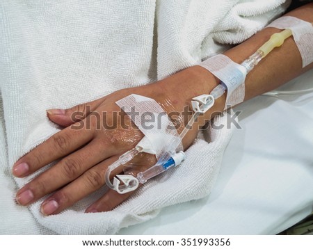 Patient\'s hand with saline intravenous (iv) in the hospital