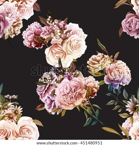 Roses,Carnations, Peony with leaves. Different flowers. Seamless background pattern. Vector - stock.