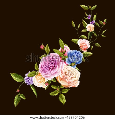 Flowers. Bouquet of roses and peony. Hand drawn flowers. Vector - stock.