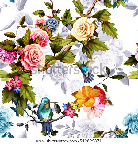 Humming bird, roses, peony with leaves on white. Watercolor. Seamless background pattern. Vector - stock.