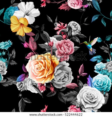 Humming bird, roses, peony with leaves on black background. Watercolor.  Seamless background pattern. Vector - stock