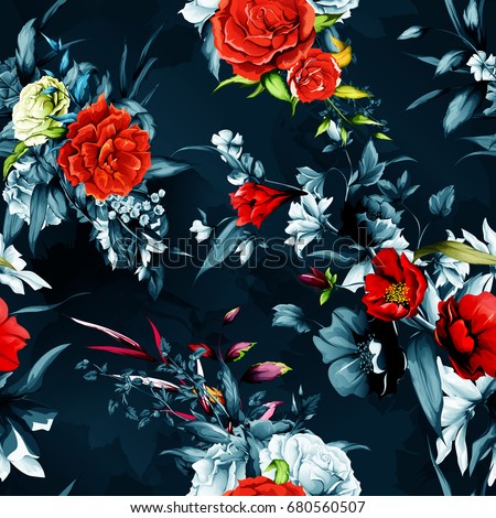 Seamless background pattern. Flowers. Rose, pomegranate with wild flower with leaves on dark. Hand drawn, vector - stock.