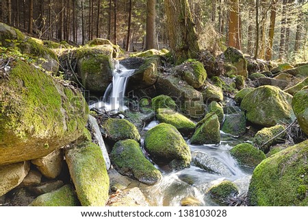 The river runs over boulders in the primeval forest - HDR