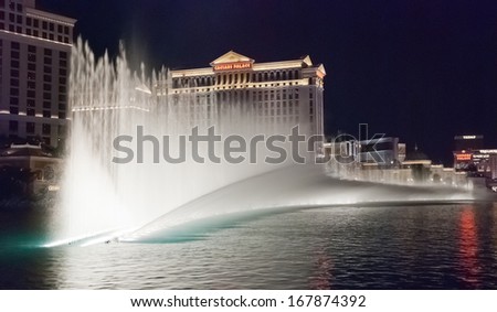 LAS VEGAS NV, USA - Sept 23: The Bellagio Fountains at night on Sept 23, 2010 in Las Vegas, USA. More than 1200 dancing fountains on a lake make show of water, music and light
