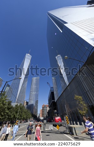NEW YORK - SEPTEMBER 27, 2014: World Trade Center 1 and 4  in September 11 Memorial Park on Sept 27, 2014.