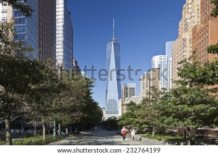 NEW YORK - SEPTEMBER 27: Freedom Tower in Lower Manhattan on September 27, 2014. One World Trade Center is the tallest building in the Western Hemisphere and the third-tallest building in the world