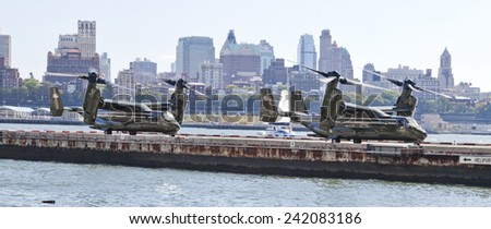 NEW YORK CITY, USA-OCTOBER 5, 2014: MV-22 Osprey. Marine Helicopter Squadron One (HMX-1) is responsible for the transportation of the President of the United States, Vice President, and other VIPs