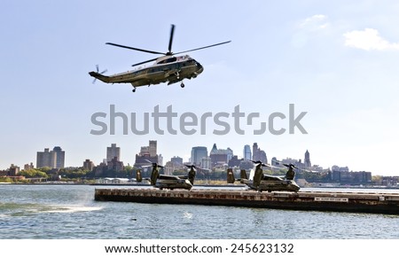 NEW YORK CITY, USA-OCTOBER 5, 2014: MV-22 Osprey. Marine Helicopter Squadron One (HMX-1) is responsible for the transportation of the President of the United States, Cabinet members and other VIPs