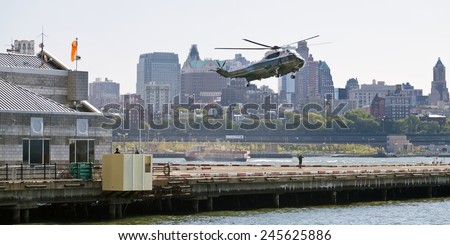 NEW YORK CITY, USA-OCTOBER 5, 2014: Sikorsky VH-3D. Marine Helicopter Squadron One (HMX-1) is responsible for the transportation of the President of the United States and other VIPs