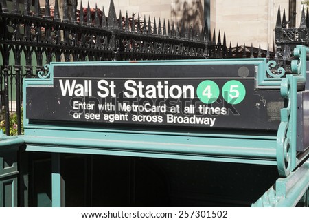 NEW YORK, USA-SEPTEMBER 27, 2014: Subway entrance in Lower Manhattan at Broadway. In 2013, the New York subway delivered over 1.71 billion rides.