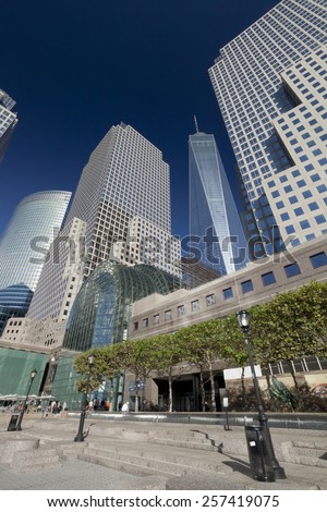 NEW YORK, USA - SEPTEMBER 27, 2014: Freedom Tower in Lower Manhattan. One World Trade Center is the tallest building in the Western Hemisphere and the third-tallest building in the world.