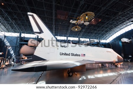 CHANTILLY, VIRGINIA - OCTOBER 10: Enterprise at the National Air and Space Museum on October 10, 2011. It was the first Space Shuttle orbiter. On September 17, 1976 the first prototype was completed.