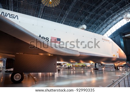 CHANTILLY, VIRGINIA - OCTOBER 10: Enterprise at the National Air and Space Museum on October 10, 2011. It was the first Space Shuttle orbiter. On September 17, 1976 the first prototype was completed.