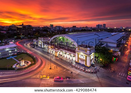 Bangkok Railway Station (Hua Lamphong Railway Station,MRT) in sunset Bangkok, Thailand.