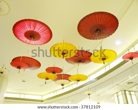 Chinese umbrella hang on rooftop