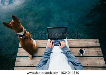 POV shot of remote office worker chill with dog on pier during camping trip or walk in park, workaholic addicted to internet, laptop and social media. Office escape to work on personal project