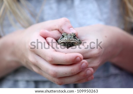 A young girl holds a toad that she caught.