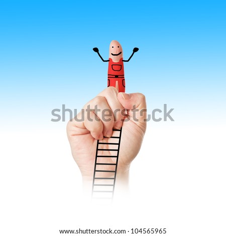 a hand, one finger showing upside. on the finger is paint. it looks like a little person. with red trousers
