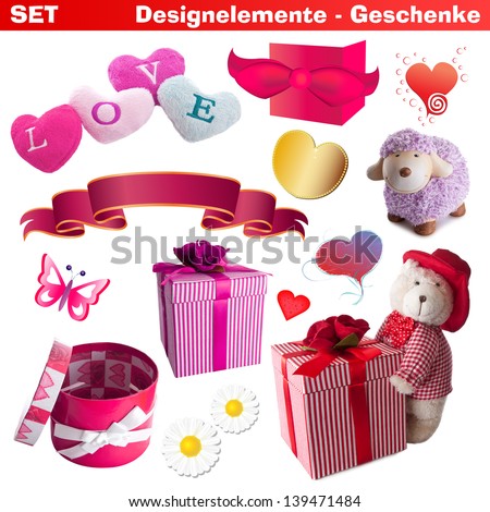 different design symbols like: hearts, gift box, banner, sheep, butterfly, teddy, flowers