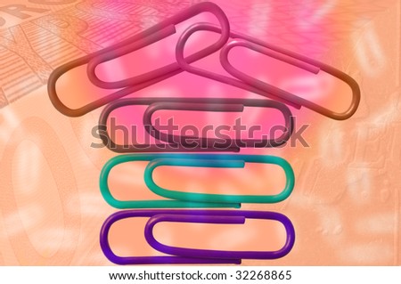 illustration: paper clips building a house on a money-background in orange and pink color