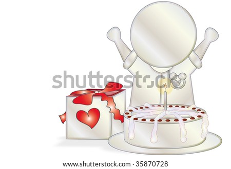 illustration: a white figure holding up its hand, a birthday cake, a present with a red ribbon and heart