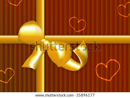 red present with stripes, ribbon in yellow, hearts imprint