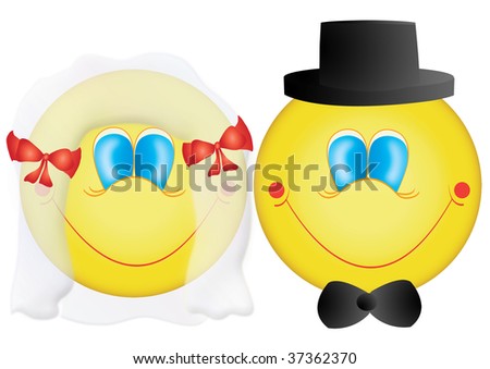 stock photo two yellow smiley marry one woman with bridal veil and red 