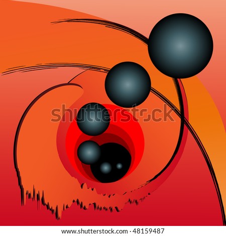 abstractly orange and red background, black hole with black balls floating out or in or both