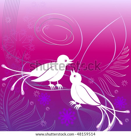 pink and violet background with white spiral and abstractly leaf, two white birds