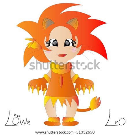 little cartoon person with red hair, paws and tail, astrological symbol for leo;
