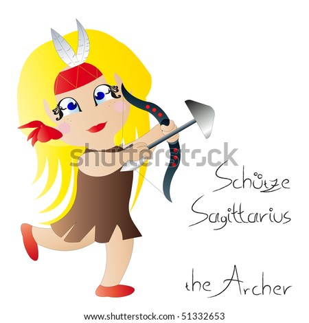 little cartoon person with long blond hair, two feather, arrow and bow, astrological symbol for sagittarius - the archer