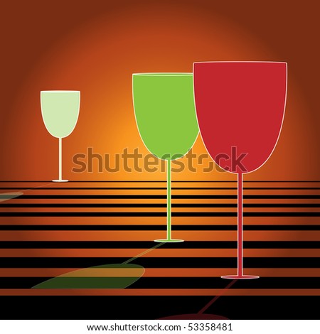 illustration: red, green, white wine glass, black stripes on ground, orange background