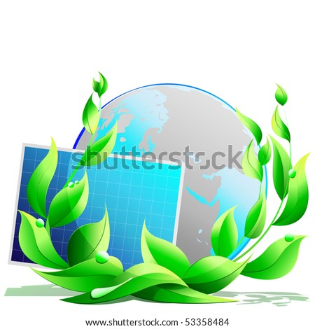 illustration: world with solar, green plant grow over world, light
