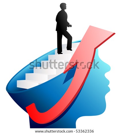 head: illustration: stairs in head, a person walking up, red arrow showing up