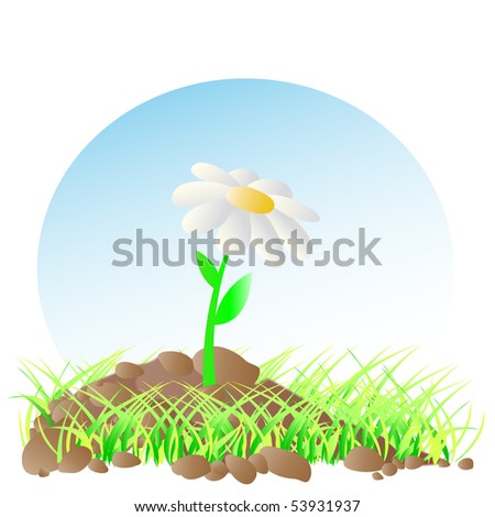 illustration: growing flower in growing grass, in small mound of earth