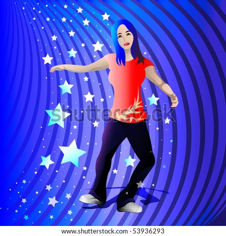 woman dancing in disco, stars, blue back