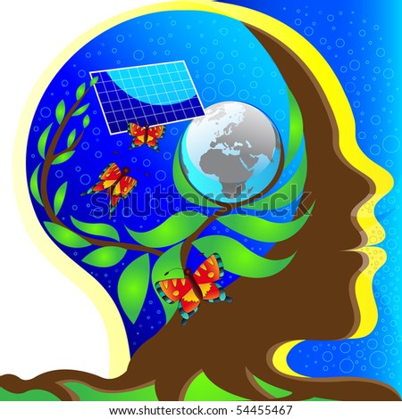 brown head with roots, a tree growing in the head, background in head blue sky with world, growing plant and solar panel