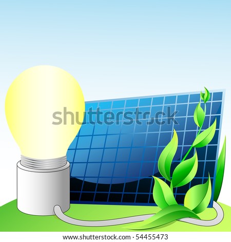 solar panel, light bulb with electric cable, the cable comes from the solar panel