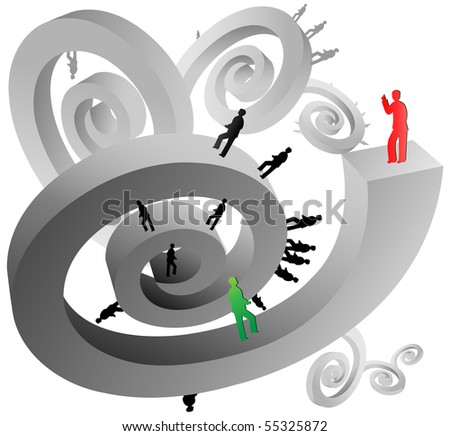 many grey spiral, black silhouette of people walking over, one green man near by the end, a red man standing on top of end