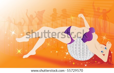 orange illustration: people dancing, in front on a disco ball is a woman lying