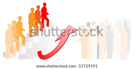 people walking up stairs, red arrow showing upside, some people wait