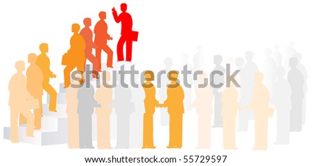 groups of people, walking up and down stairs, one red man on the top, people talking