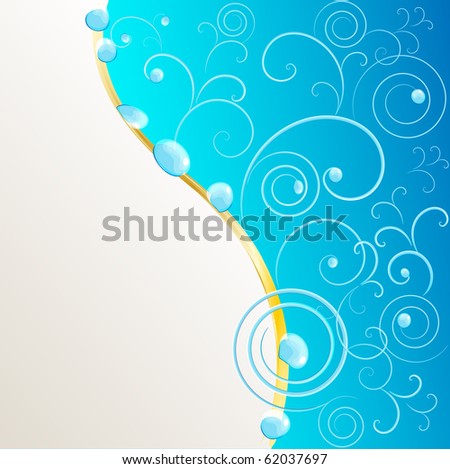 cyan and white background with golden curved line in the middle, white helices with water drops