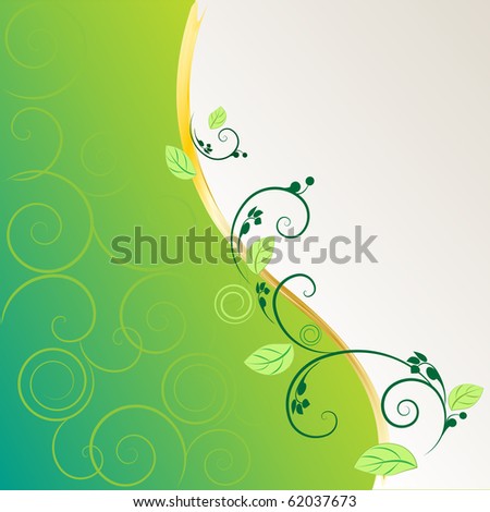 white and green abstractly background decorated with golden and green helices and leaf, in the middle a golden curved line