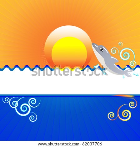 background: illustration of a dolphin, sunset, white space for private writings, at the bottom is blue water with helices