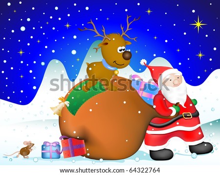 santa clause carry sack, reindeer sitting on sack