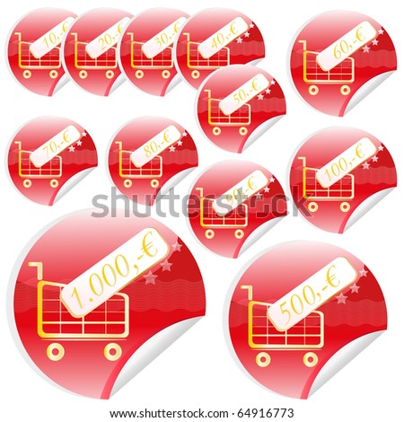 red round sticker with shopping cart and price