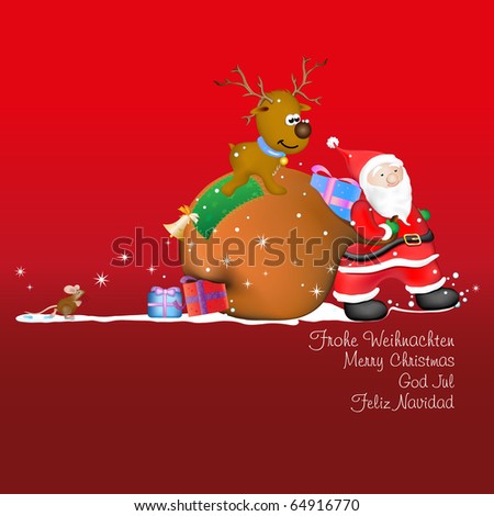 red background, santa clause walking with sack, reindeer sitting on top of sack, a mouse is running after, presents falling out