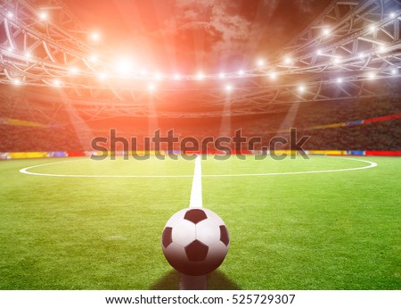 The soccer field with green grass and lights